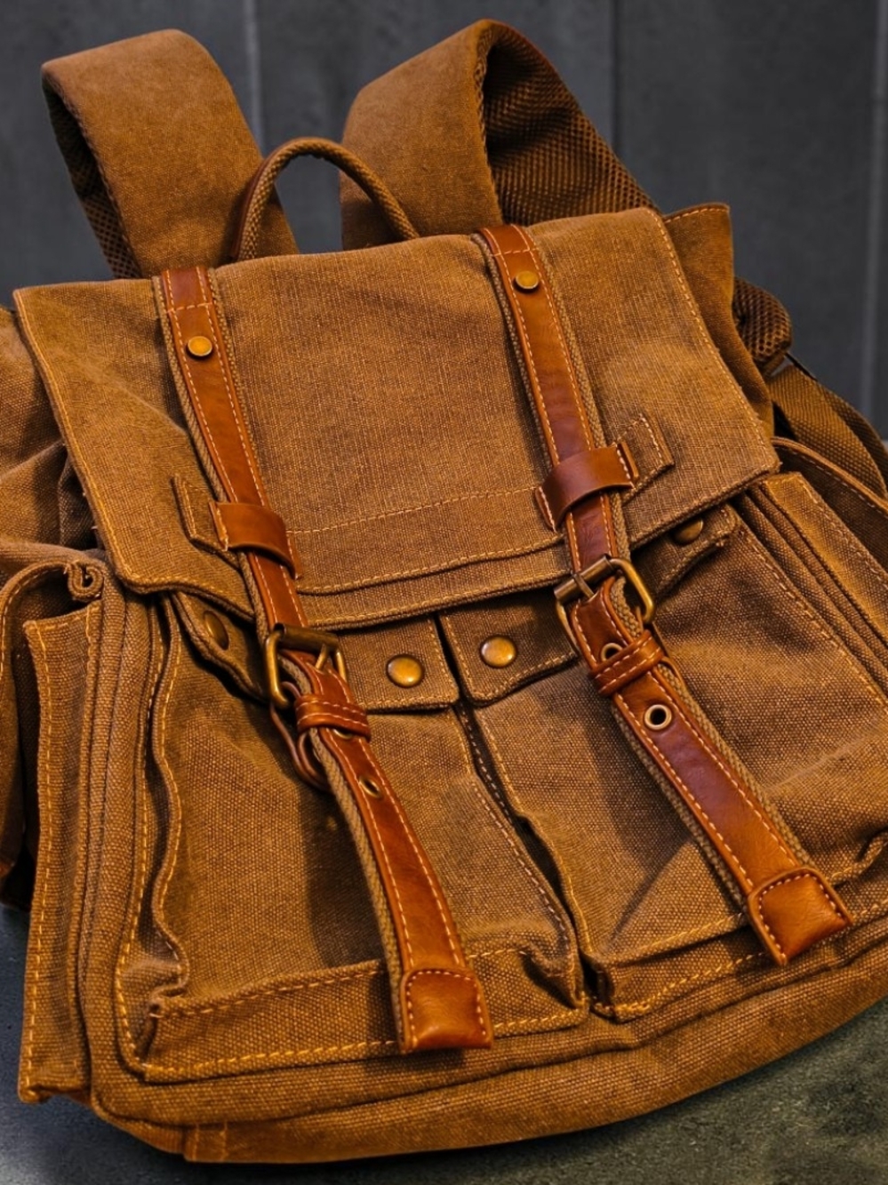 Men's Brown Canvas Backpack with Leather Trim